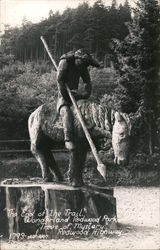 The end of the Trail carved tree trunk. Wonderland Redwood Park, Trees of Mystery. Postcard