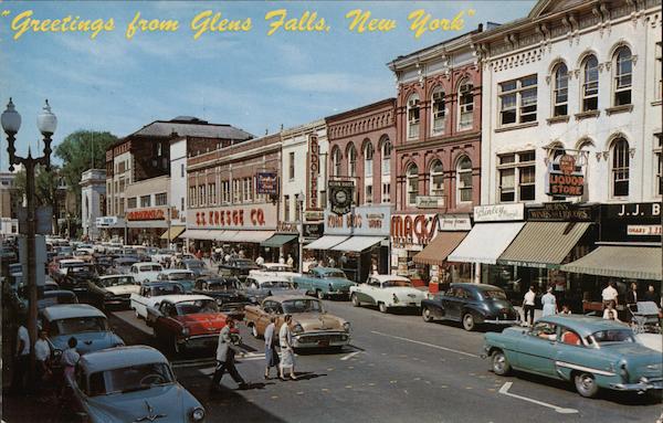 Looking up Glen Street from Bank Square showing part of business district Glens Falls New York