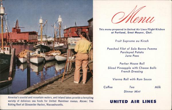 United Air Lines Mainliner Menu. The fishing fleet at Gloucester Harbor, Massachusetts
