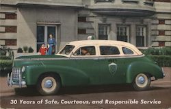 Monroe Checker Taxi. 20 Years of safe courteous responsible service, green and white taxi Postcard