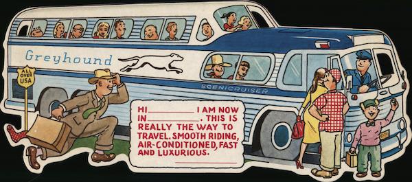 Greyhound Bus ad card shaped like a bus and passengers