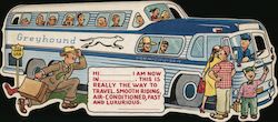 Greyhound Bus ad card shaped like a bus and passengers Large Format Postcard