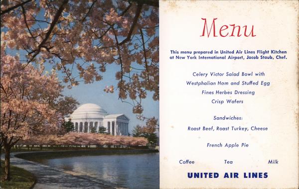United Airlines Menu. Japanese cherry blossoms frame the Jefferson Memorial Washington District of Columbia