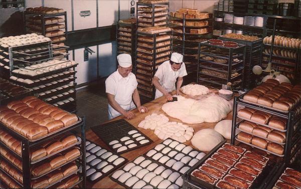 Nut Tree Bakery, bakers making dough for little loaves of bread Vacaville California