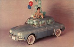 Renault Daphine, model in sky roof with balloons Postcard