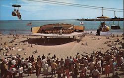 Watsonville City Band on bandstand at Santa Cruz Beach, Skylift ride Postcard