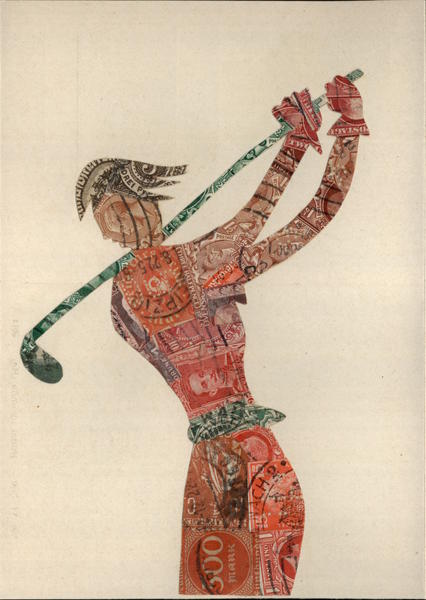 Lady Golfer Cut Stamps Montage Macerated Money & Stamps