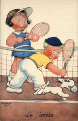 French Children Playing Tennis with Dog Beatrice Mallet Postcard Postcard Postcard