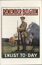 "Remember Belgium. Enlist Today" Soldier WWI Poster Postcard