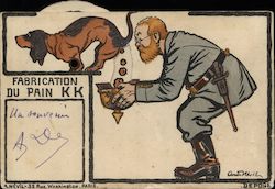 German Soldier Collecting Dog Poop in Helmet Postcard