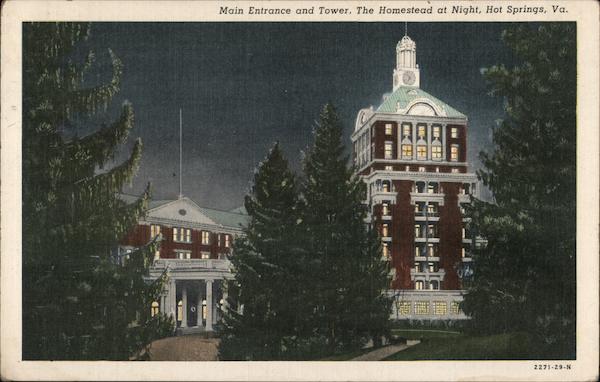 Main Entrance and Tower, The Homestead at Night Hot Springs Virginia