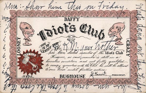 Daffy Idiots Club membership certificate, 1907 Comic, Funny