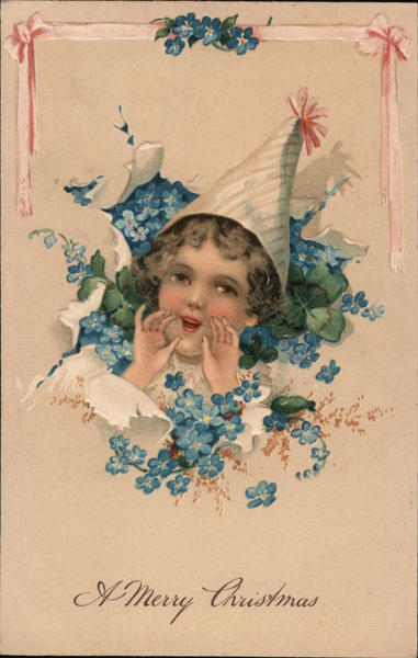 A Merry Christmas. Child with flowers and party hat.