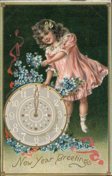 New Year Greetings. (Girl with flowers and clock.)