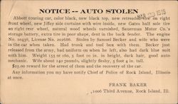 Notice--Auto Stolen, 1919. Rock Island, IL Reward Cards Postcard Postcard Postcard