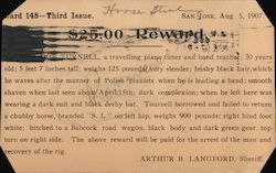 $25.00 Reward. Traveling piano tuner stole a chubby horse. 1907 San Jose, CA Reward Cards Postcard Postcard Postcard