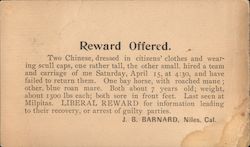 Reward Offered. 1899 Sheriff's Notice about stolen horses and carriage. Niles, CA Reward Cards Postcard Postcard Postcard