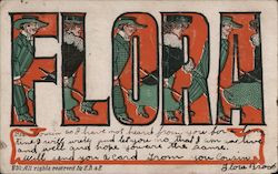 Name "Flora" in large letters with cartoon people Postcard