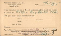 Refund request form, American Locker Co., 1955 Postcard