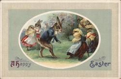 A Happy Easter. Bunnies and chicks in human clothing. Postcard