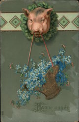 Bonne annee. Mounted pig's head holding flower basket. Postcard