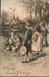 Hearty Easter Greetings. Children and bunnies with eggs. Postcard