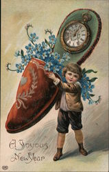 A Joyous New Year (Boy with Clock and Flowers) Children Postcard Postcard Postcard