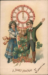 A Happy New Year - couple and clock Postcard