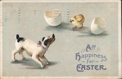 All Happiness for Easter. Hatchling chick and dog. Postcard