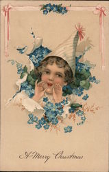 A Merry Christmas. Child with flowers and party hat. Postcard