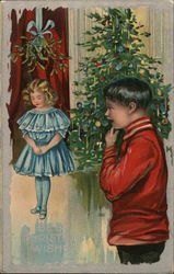 Christmas Tree, Mistletoe, Girl and Boy Postcard