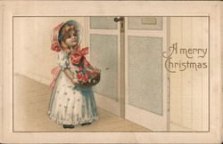 A Merry Christmas (Girl with flower basket) Postcard
