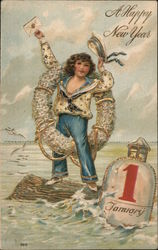 A Happy New Year (Sailor on floating log with life preserver; date on buoy) Postcard