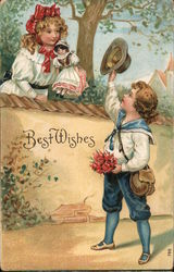 Best Wishes. Boy greeting Girl over a garden wall. Postcard
