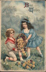 Best Wishes. Children gathering flowers. Postcard