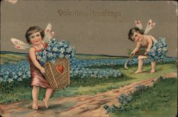 Valentine Greetings 1911, winged children with flowers Postcard