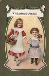 Friendship Offering. Girls with flowers. Postcard