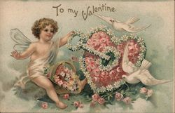 To My Valentine. Cupid opening heart with a key. Postcard