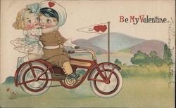 Be My Valetine. Children on bike. Postcard