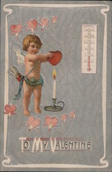 To My Valentine. Cupid warming a heart over a flame. Postcard