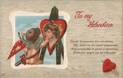 To My Valentine. Cupid painting a portrait on a heart. Postcard