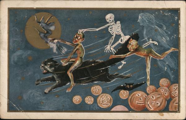 Flying cat and halloween creatures