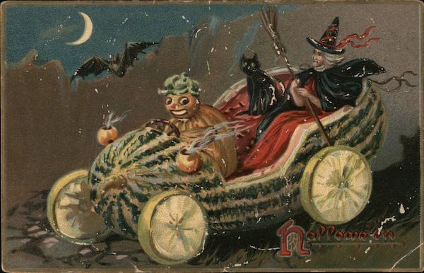 Hallowe'en. Pumpkin chauferring a Witch in a Melon car.