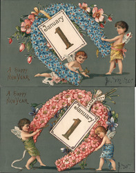Set of 2: Cherubs, New Year Flowers, Horseshoes Angels & Cherubs Postcard Postcard Postcard