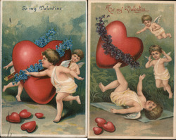 Set of 2: Cupids with Hearts, Valentines Postcard