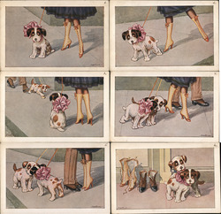 Set of 6: Woman and Man with Dogs, Art Deco Postcard