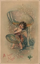 A Happy New Year - Cherub With Champagne Glass Postcard