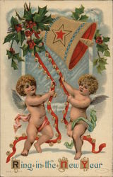 Ring in the New Year - Two Cherubs Ringing Bell Angels & Cherubs Postcard Postcard Postcard