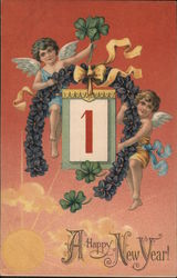 A Happy New Year! Two Cherubs With Calendar Page and Four-Leaf Clovers Postcard