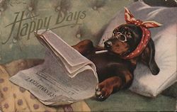 Happy Days. Dachshund smoking in bed and reading a newspaper. Postcard